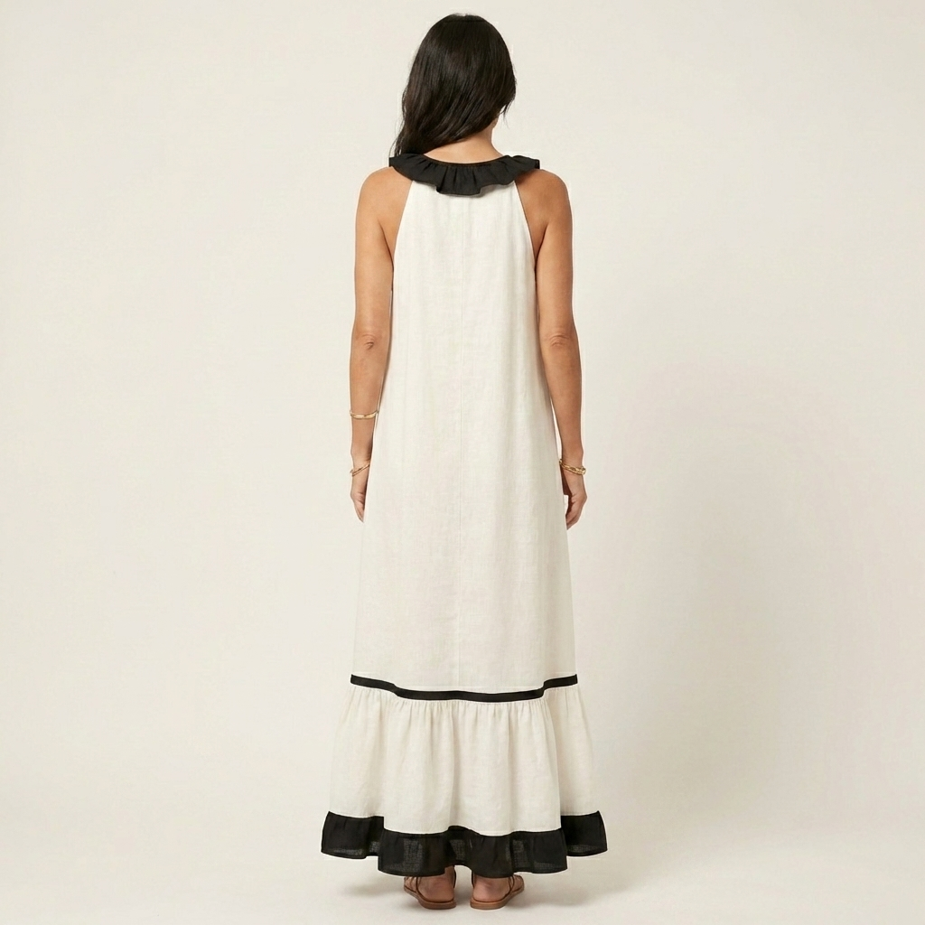 Mayline | Vestido maxi sin mangas con cuello volante y ribete en contraste