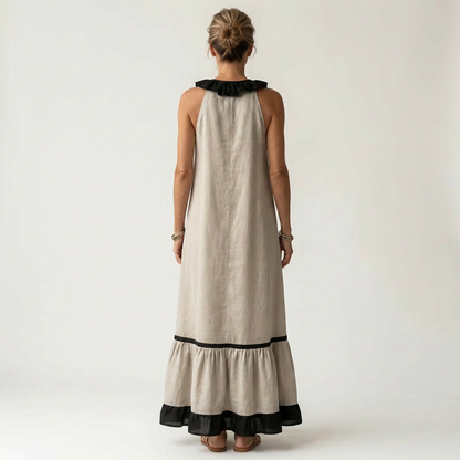 Mayline | Vestido maxi sin mangas con cuello volante y ribete en contraste
