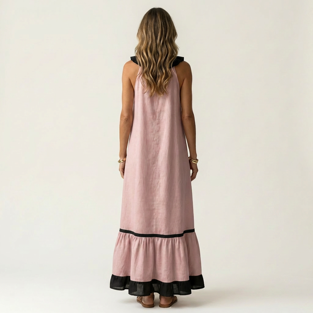 Mayline | Vestido maxi sin mangas con cuello volante y ribete en contraste