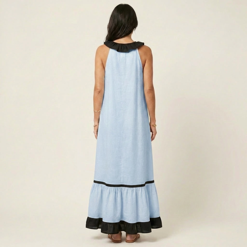 Mayline | Vestido maxi sin mangas con cuello volante y ribete en contraste