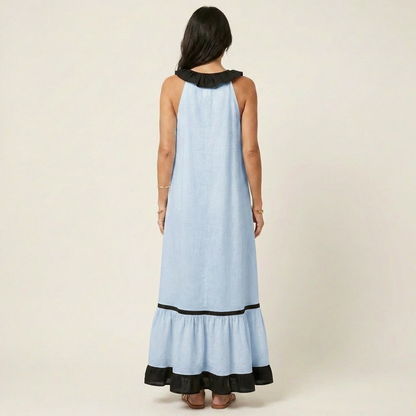 Mayline | Vestido maxi sin mangas con cuello volante y ribete en contraste