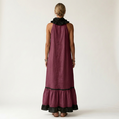 Mayline | Vestido maxi sin mangas con cuello volante y ribete en contraste