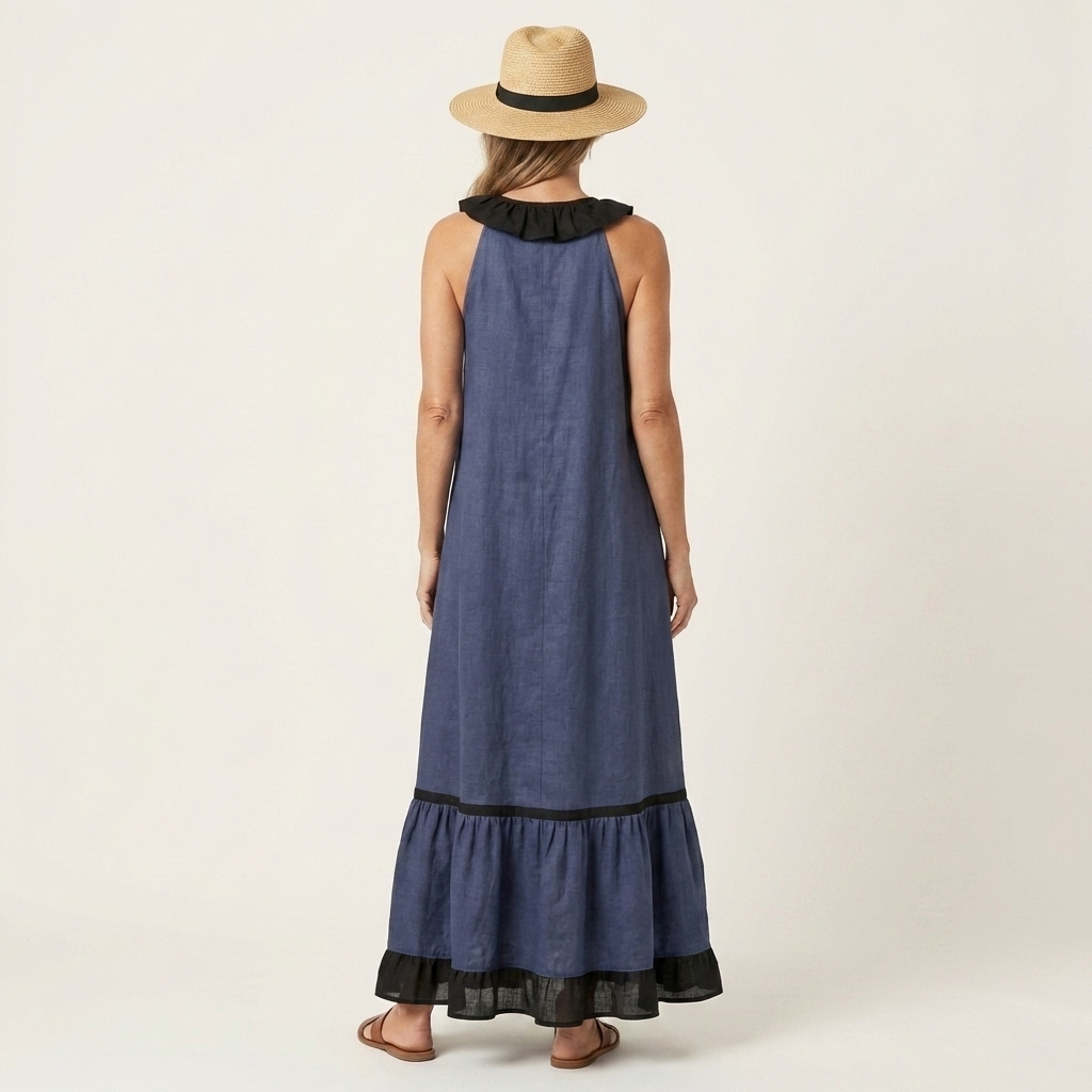 Mayline | Vestido maxi sin mangas con cuello volante y ribete en contraste