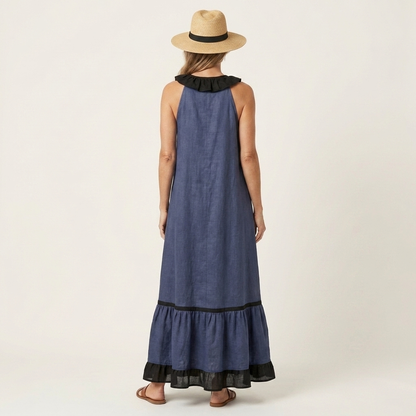 Mayline | Vestido maxi sin mangas con cuello volante y ribete en contraste