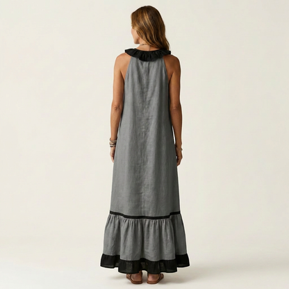 Mayline | Vestido maxi sin mangas con cuello volante y ribete en contraste
