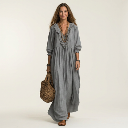 Yosetta | Vestido maxi a rayas con escote en V y manga farol con volante