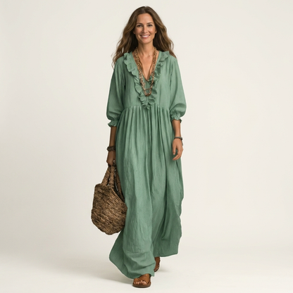 Yosetta | Vestido maxi a rayas con escote en V y manga farol con volante