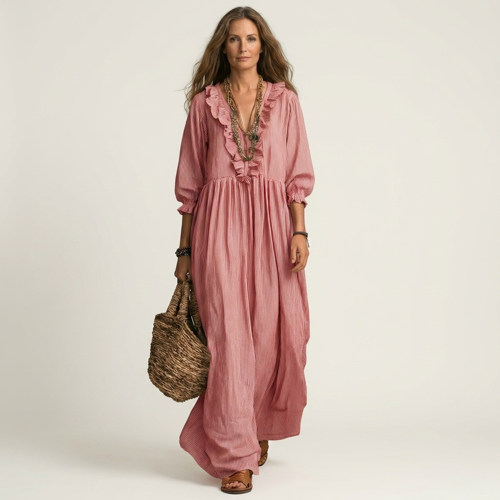 Yosetta | Vestido maxi a rayas con escote en V y manga farol con volante