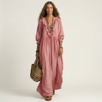 Yosetta | Vestido maxi a rayas con escote en V y manga farol con volante