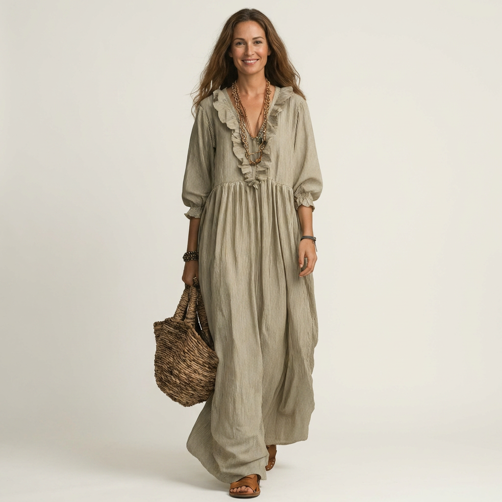 Yosetta | Vestido maxi a rayas con escote en V y manga farol con volante
