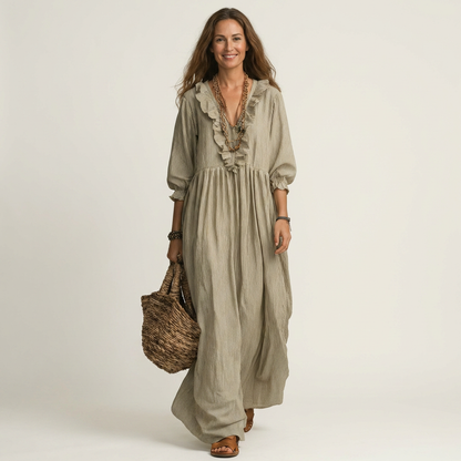 Yosetta | Vestido maxi a rayas con escote en V y manga farol con volante