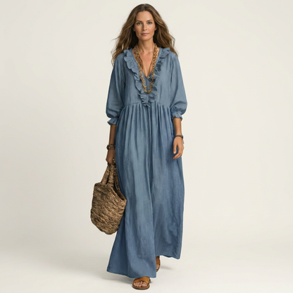 Yosetta | Vestido maxi a rayas con escote en V y manga farol con volante