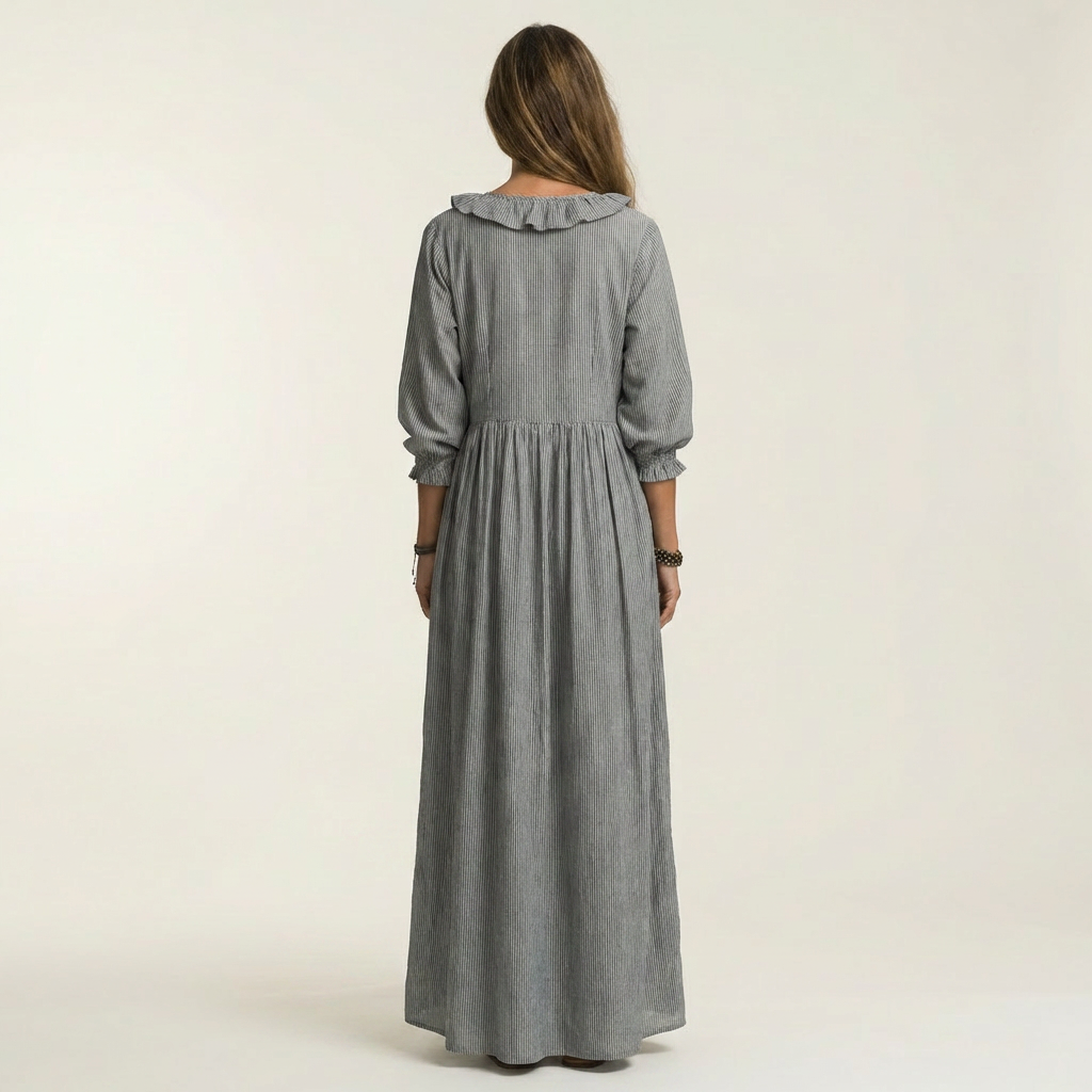 Yosetta | Vestido maxi a rayas con escote en V y manga farol con volante