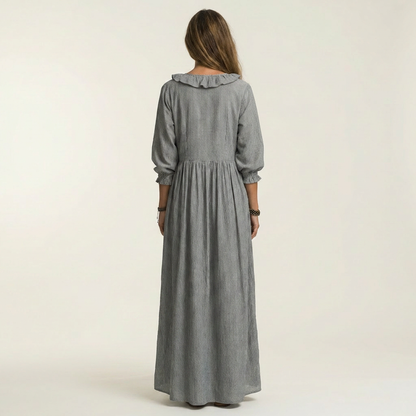 Yosetta | Vestido maxi a rayas con escote en V y manga farol con volante