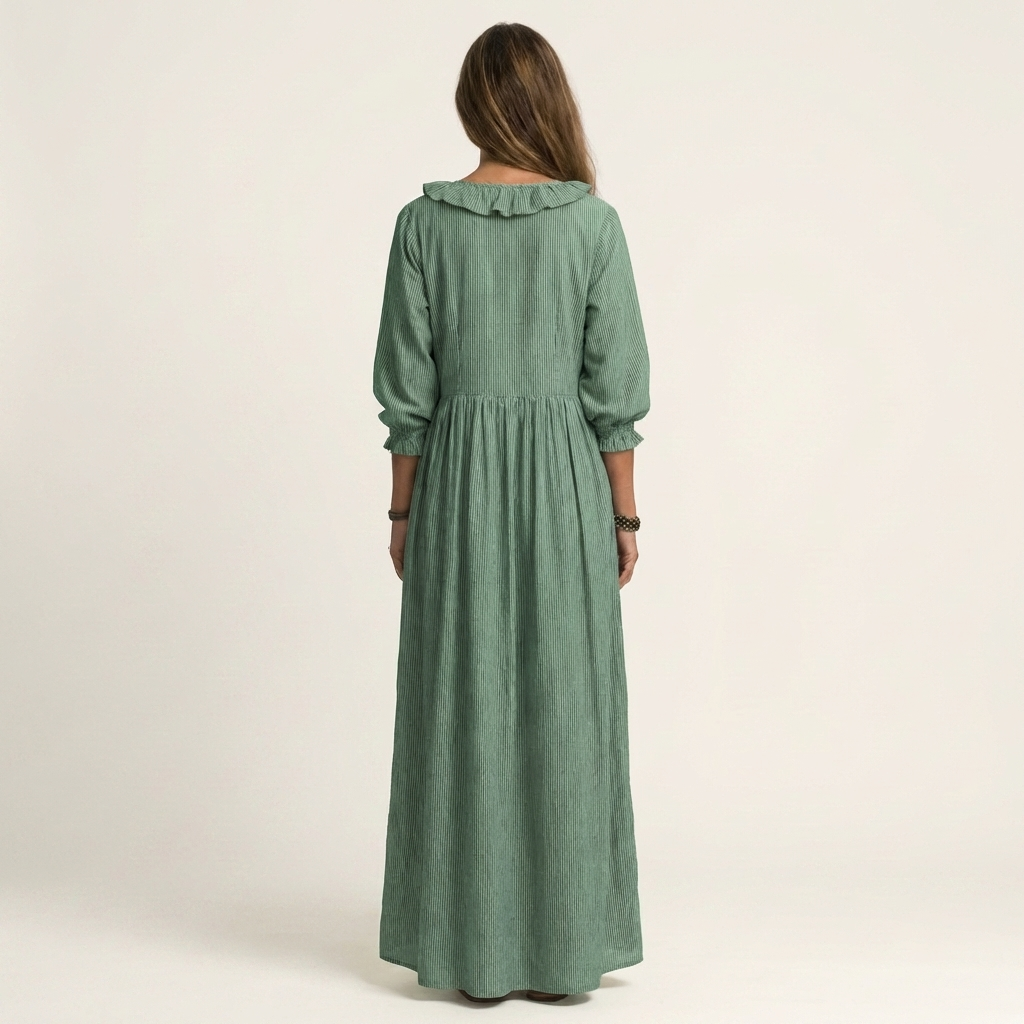 Yosetta | Vestido maxi a rayas con escote en V y manga farol con volante