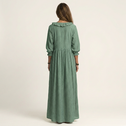 Yosetta | Vestido maxi a rayas con escote en V y manga farol con volante