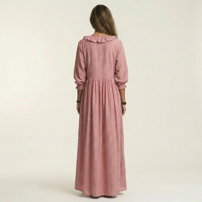 Yosetta | Vestido maxi a rayas con escote en V y manga farol con volante