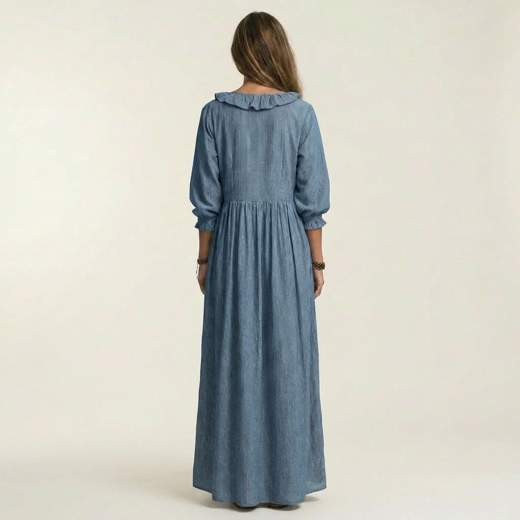Yosetta | Vestido maxi a rayas con escote en V y manga farol con volante