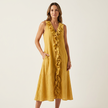 Vicky | Vestido maxi sin mangas con escote en V y volantes en la parte delantera