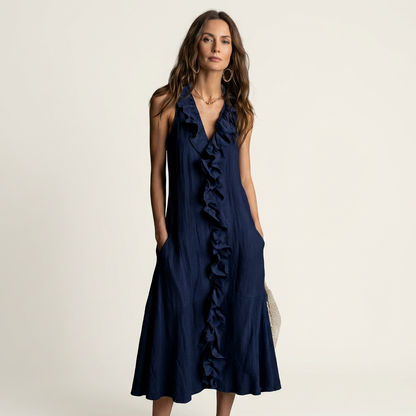 Vicky | Vestido maxi sin mangas con escote en V y volantes en la parte delantera