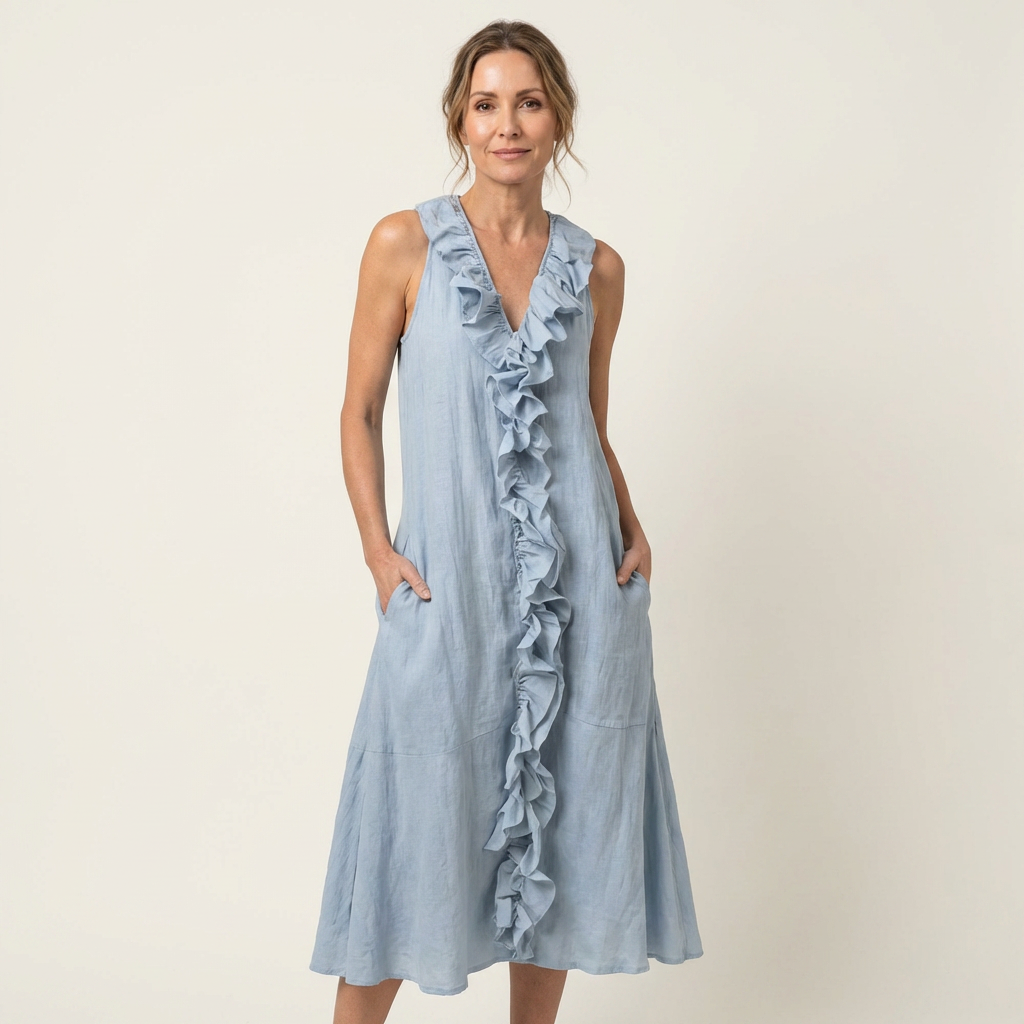 Vicky | Vestido maxi sin mangas con escote en V y volantes en la parte delantera