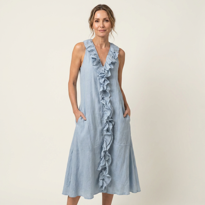 Vicky | Vestido maxi sin mangas con escote en V y volantes en la parte delantera