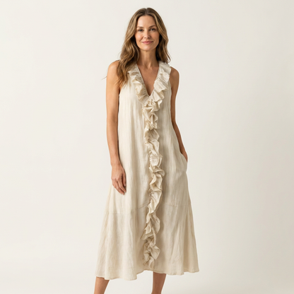 Vicky | Vestido maxi sin mangas con escote en V y volantes en la parte delantera