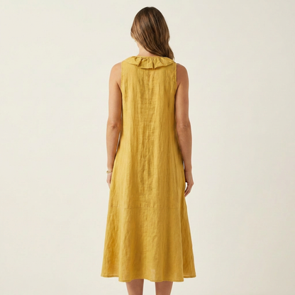 Vicky | Vestido maxi sin mangas con escote en V y volantes en la parte delantera