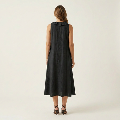 Vicky | Vestido maxi sin mangas con escote en V y volantes en la parte delantera