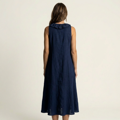 Vicky | Vestido maxi sin mangas con escote en V y volantes en la parte delantera