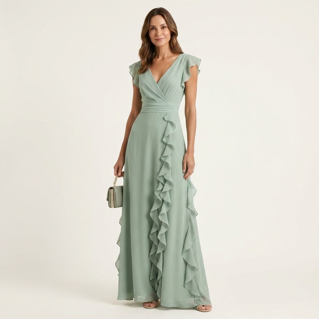Nellyana | Vestido maxi envolvente con escote en V y manga volante con cascada de volantes