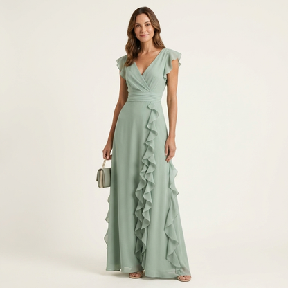 Nellyana | Vestido maxi envolvente con escote en V y manga volante con cascada de volantes