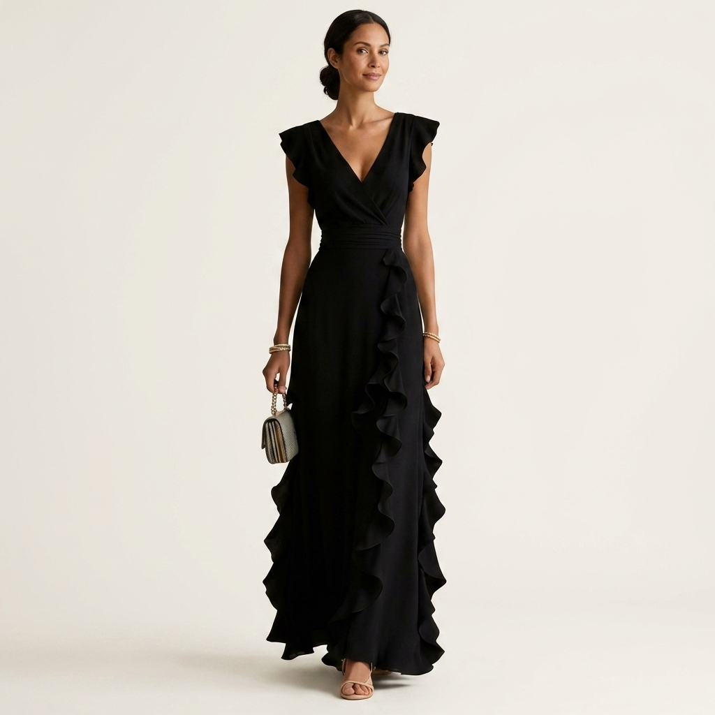 Nellyana | Vestido maxi envolvente con escote en V y manga volante con cascada de volantes