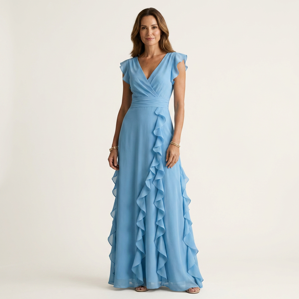 Nellyana | Vestido maxi envolvente con escote en V y manga volante con cascada de volantes