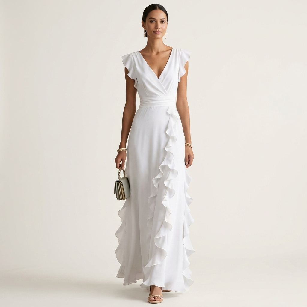 Nellyana | Vestido maxi envolvente con escote en V y manga volante con cascada de volantes