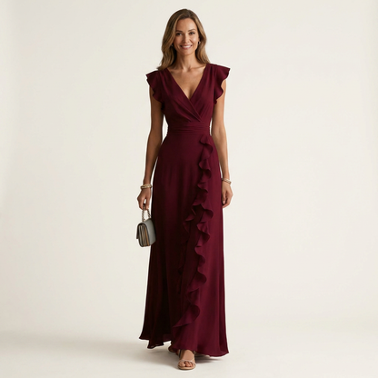 Nellyana | Vestido maxi envolvente con escote en V y manga volante con cascada de volantes