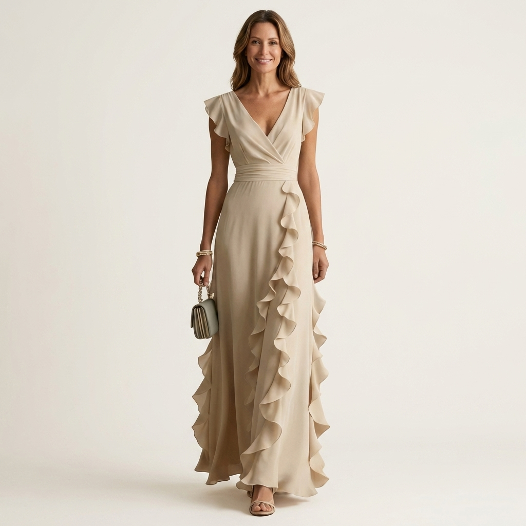 Nellyana | Vestido maxi envolvente con escote en V y manga volante con cascada de volantes
