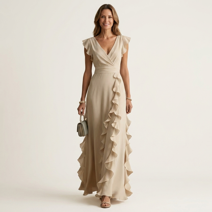 Nellyana | Vestido maxi envolvente con escote en V y manga volante con cascada de volantes
