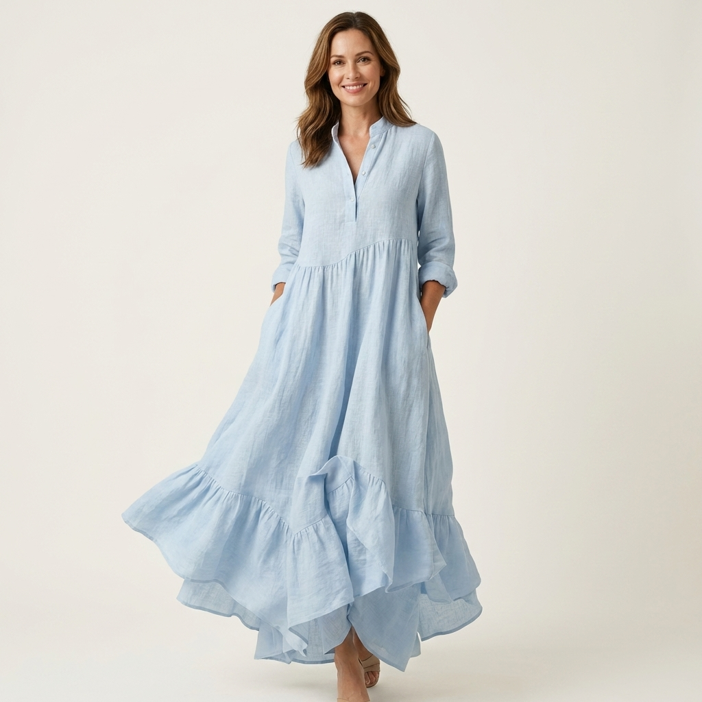 Jilana | Vestido maxi de cuello alto con botones frontales y dobladillo con volantes