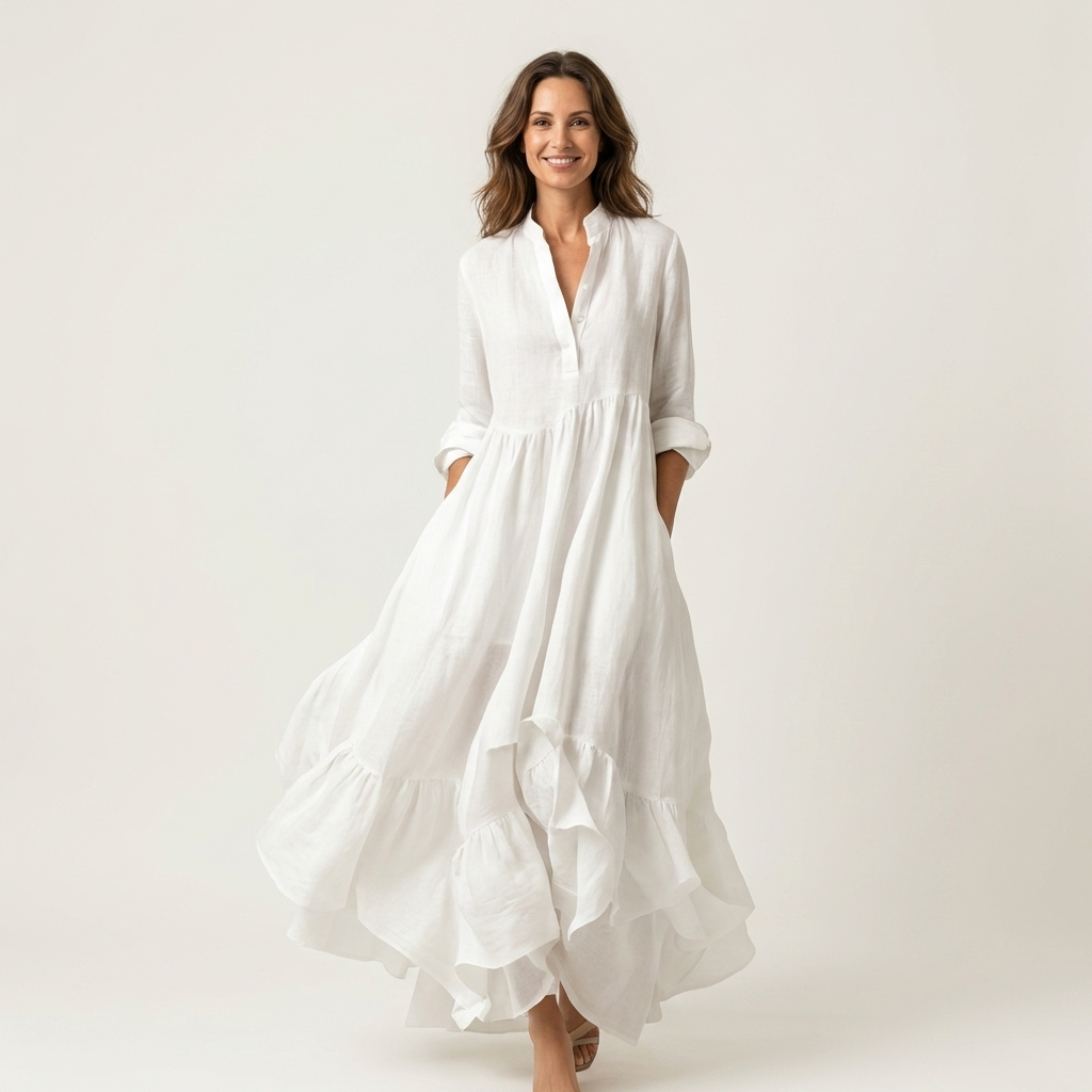 Jilana | Vestido maxi de cuello alto con botones frontales y dobladillo con volantes