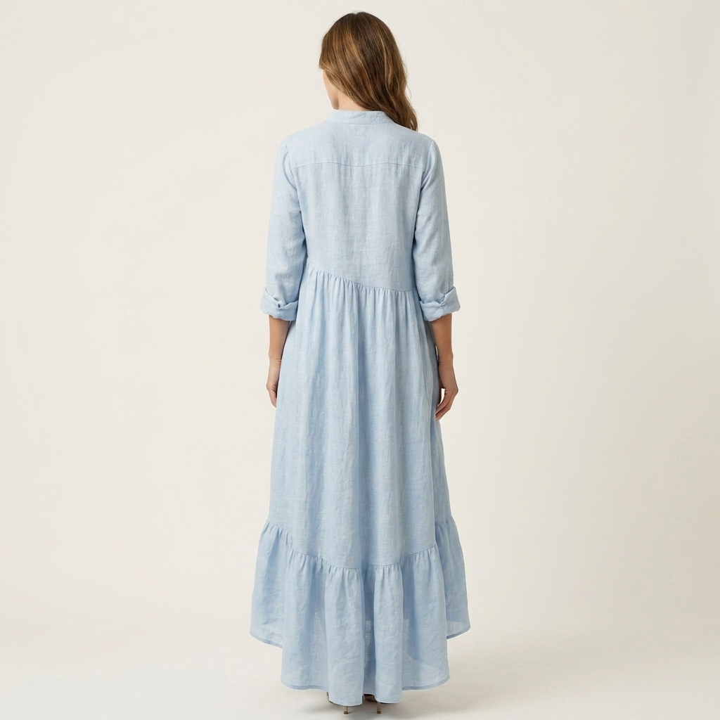 Jilana | Vestido maxi de cuello alto con botones frontales y dobladillo con volantes