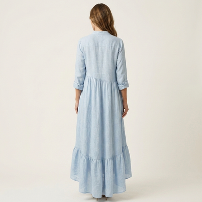 Jilana | Vestido maxi de cuello alto con botones frontales y dobladillo con volantes