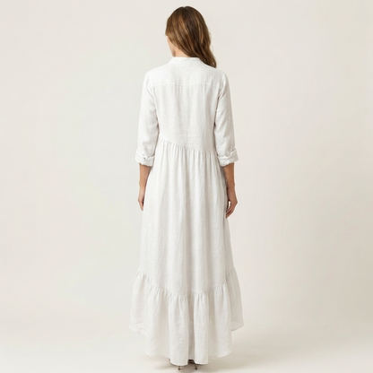 Jilana | Vestido maxi de cuello alto con botones frontales y dobladillo con volantes