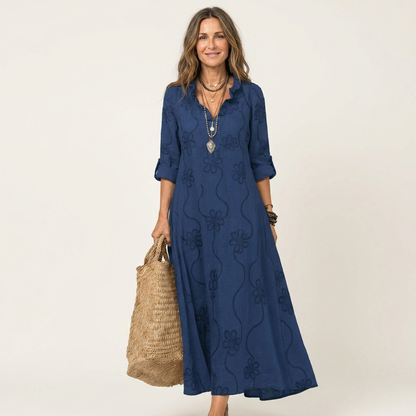 Mariam | Vestido maxi de algodón-lino con bordado floral a tono