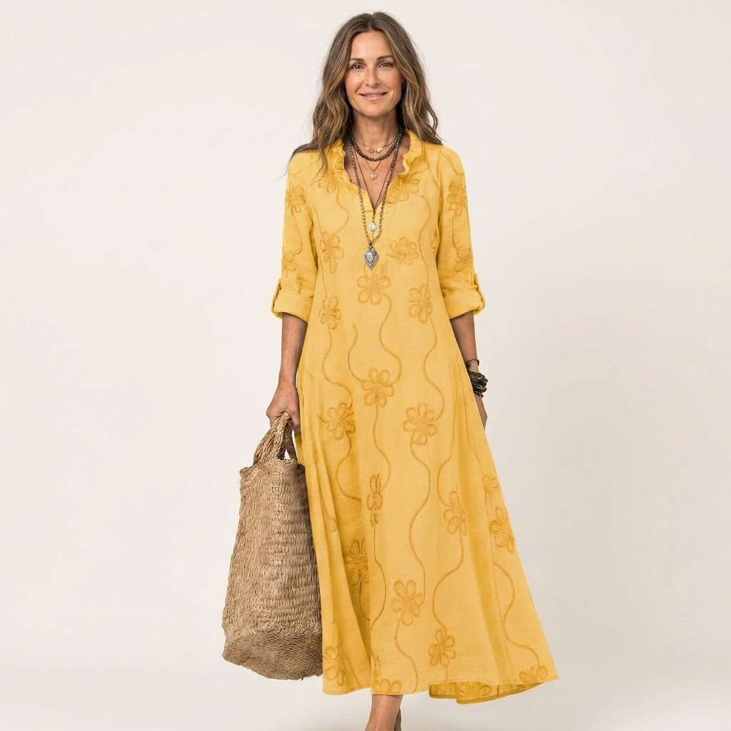 Mariam | Vestido maxi de algodón-lino con bordado floral a tono