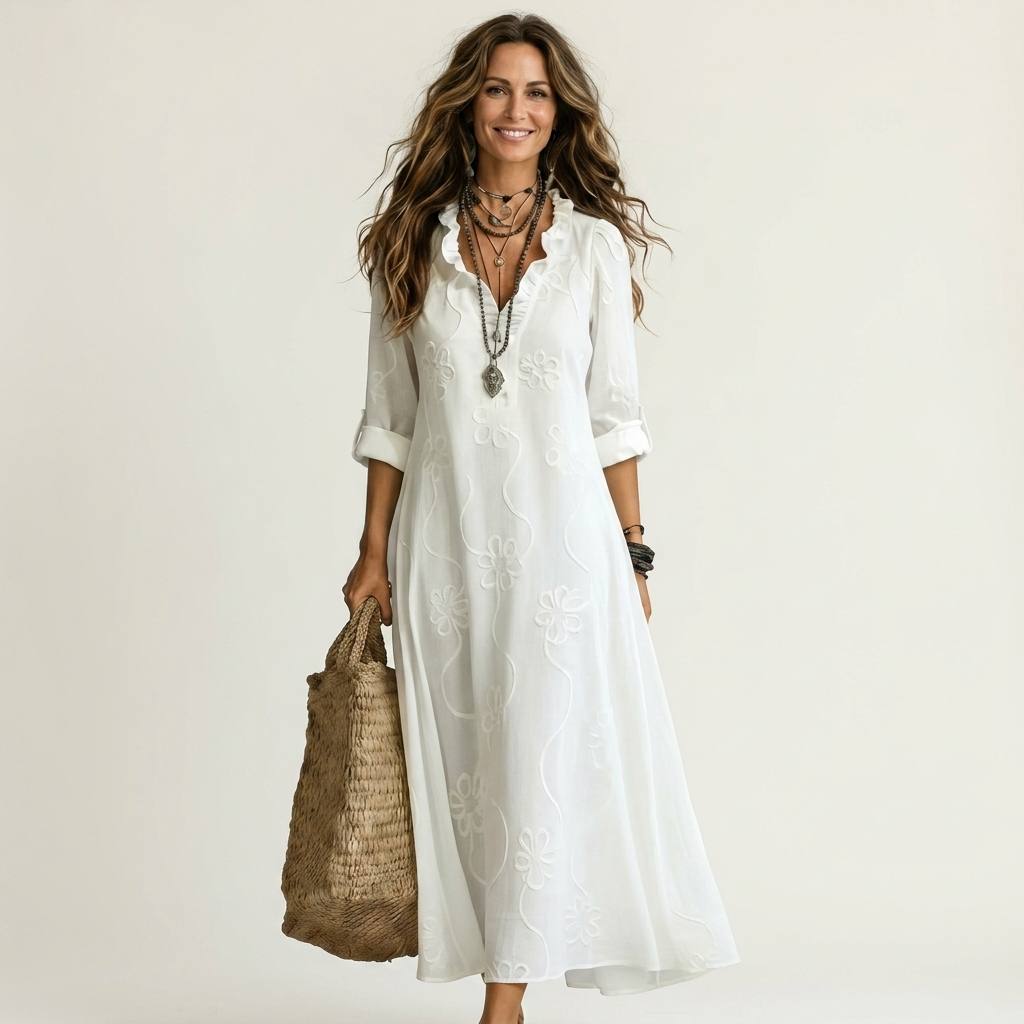 Mariam | Vestido maxi de algodón-lino con bordado floral a tono