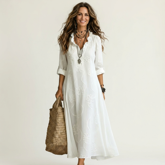 Mariam | Vestido maxi de algodón-lino con bordado floral a tono