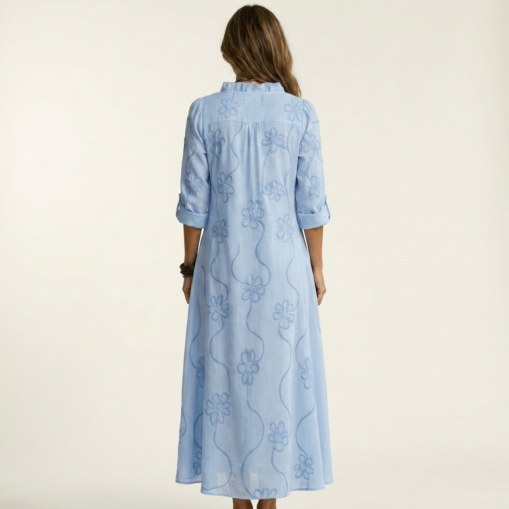 Mariam | Vestido maxi de algodón-lino con bordado floral a tono