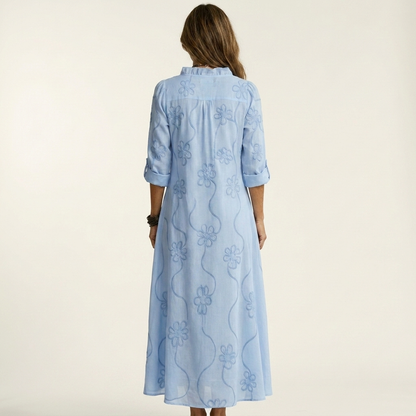 Mariam | Vestido maxi de algodón-lino con bordado floral a tono