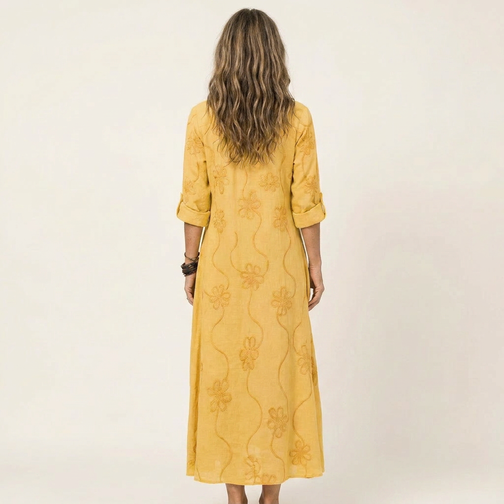 Mariam | Vestido maxi de algodón-lino con bordado floral a tono